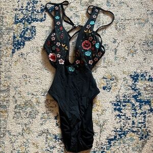 Floral Embroidered Black swimsuit. Medium. Worn once